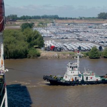 Turning our vessel and thousands of brand new cars in the background